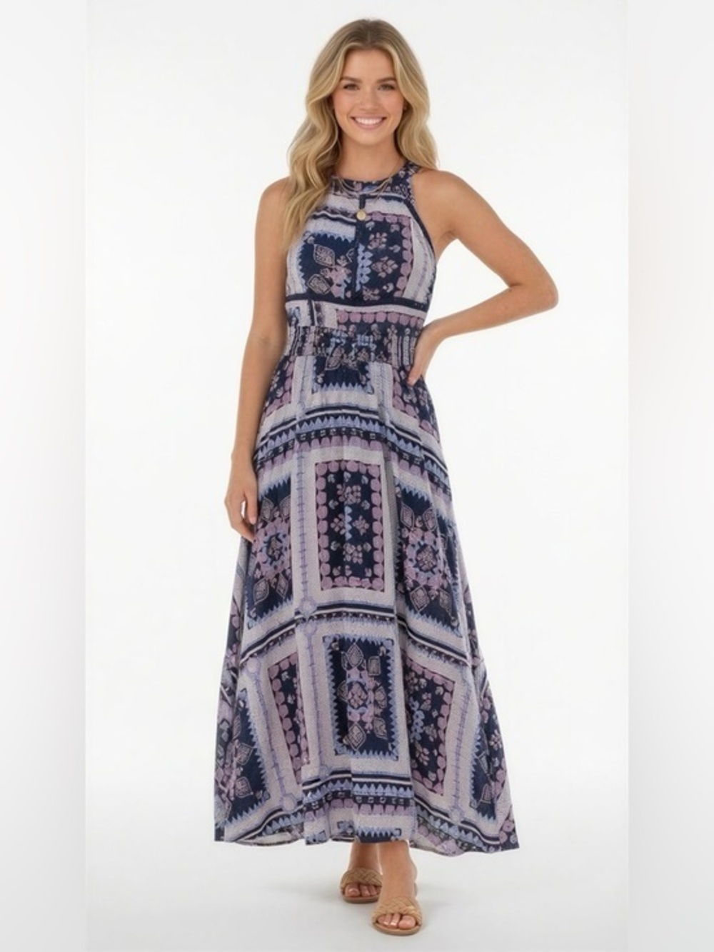 Jaase Navy Maxi Dress with Lavender and Pink Paisley Panels